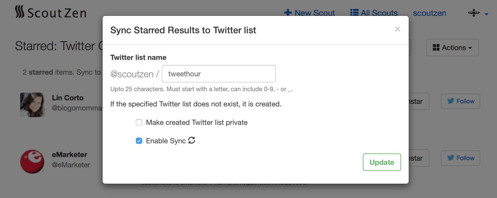 Sync Starred Results to Twitter Lists