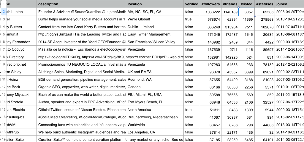 Twitter Followers in a spreadsheet